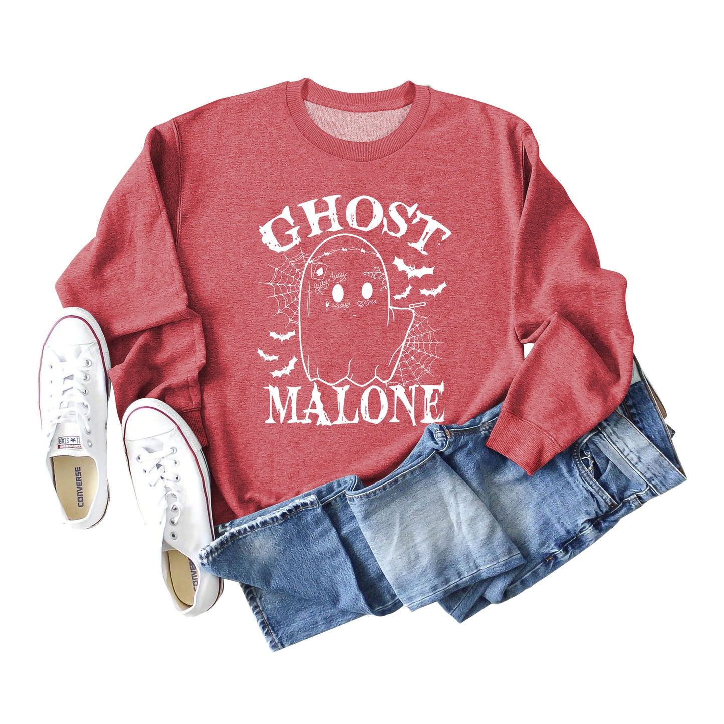 Ghost Malone Letter Round Neck Fashion Bat Round Neck Halloween Long Sleeve Hoodie