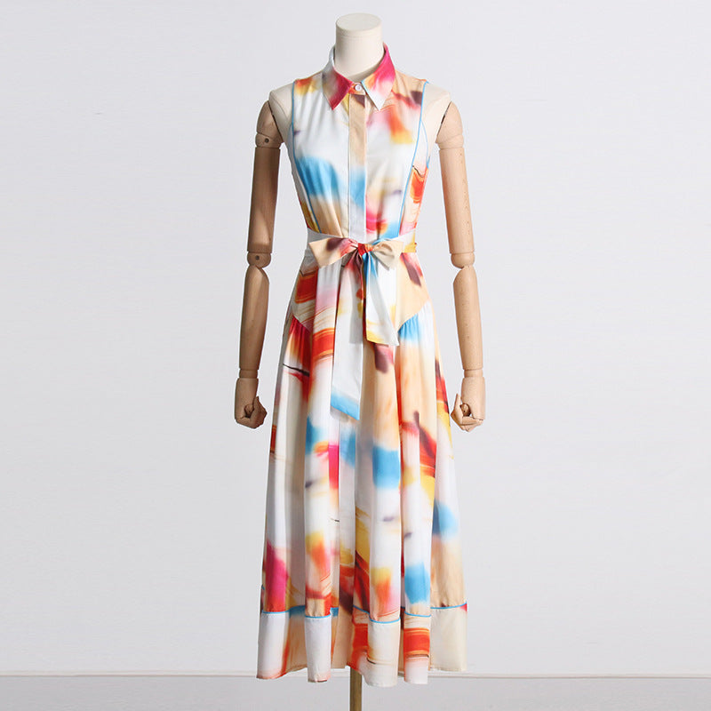 Spring New Fashion Lapel Small Print Temperament Lace-Up Waist Long Dress Women