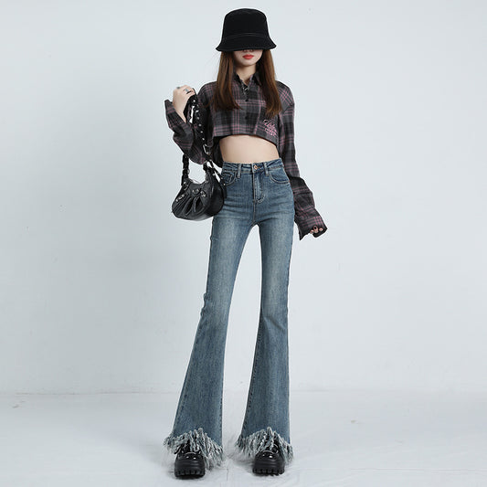 Spring And Autumn New Retro Fringe High Waist Micro Flared Jeans Women Slim Slim Stretch Raw Edge Mop Pants