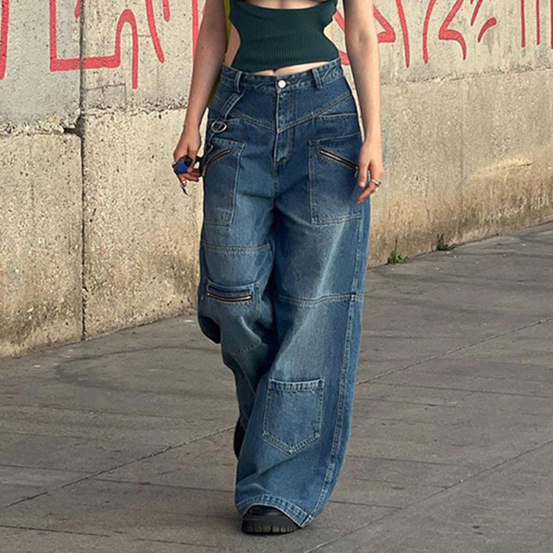 Tall Multi-Pocket Zipper Jeans Women New Straight Leg Wide Pants With Streamers