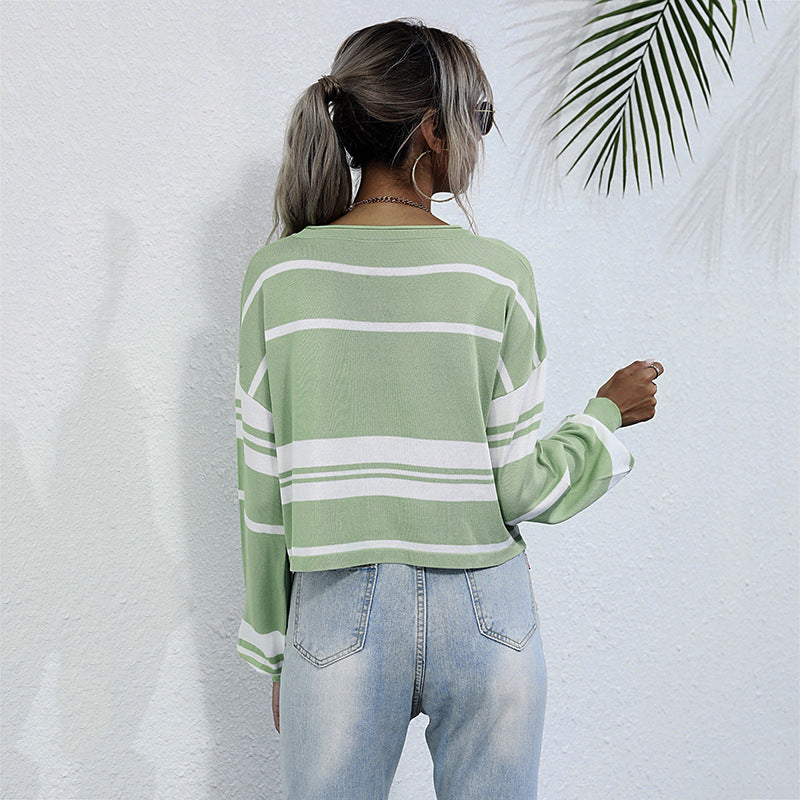 Women's Autumn Long-Sleeved Knitted Short Striped Green Sweater Women