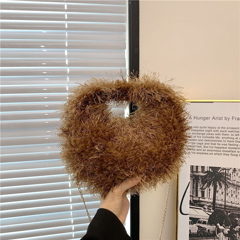 Autumn and Winter Simple Fringe Plush Small Round Handbag