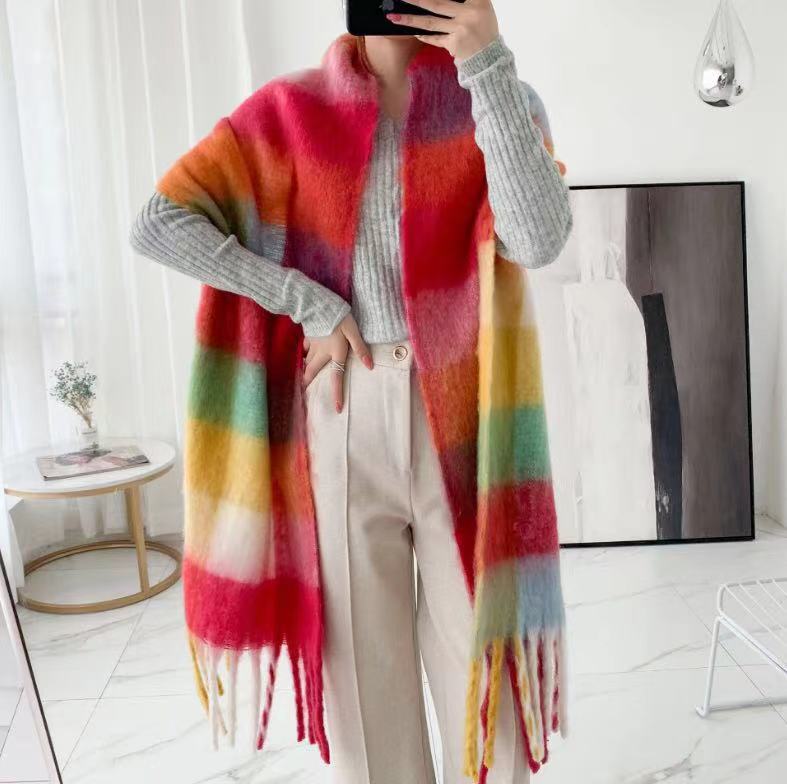 Girdle Female Autumn And Winter New Imitation Cashmere Scarf Female Rainbow Plaid Fringe Version Style Cape Knitted Outside
