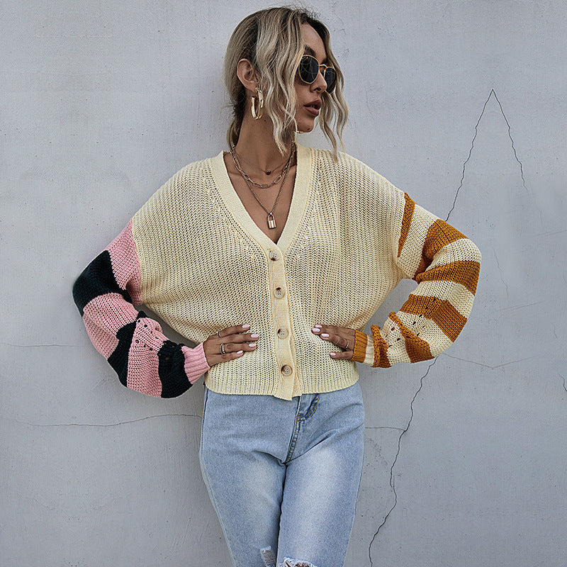 Women's Fashion Splicing Long-Sleeved Cardigan Sweater Spring And Autumn Coat Women