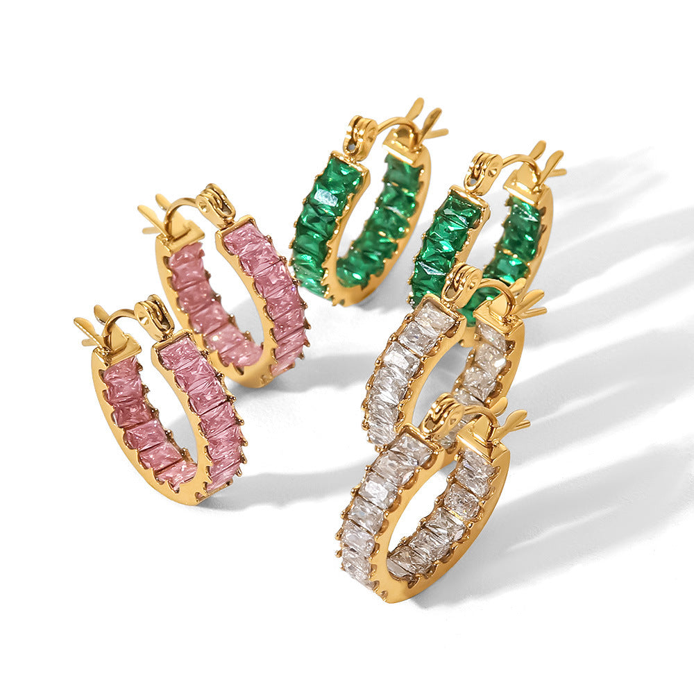 5pcs Emerald Titanium Steel Earrings Crystal Female Retro High-Grade Sense Niche Earring Earrings