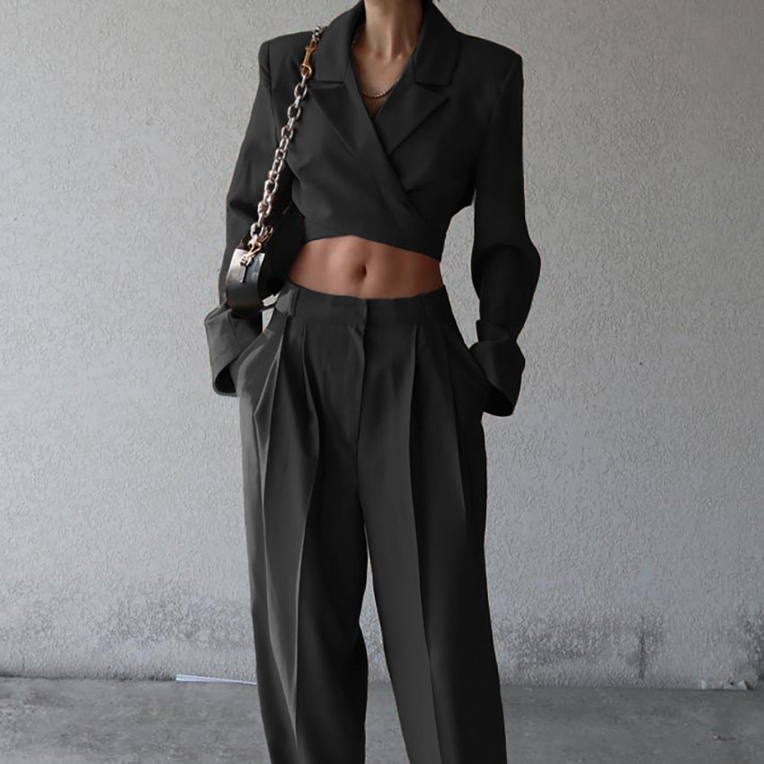 Brown Suit Neck Short Crop Top Trouser Suit New Fall Fashion Two-Piece
