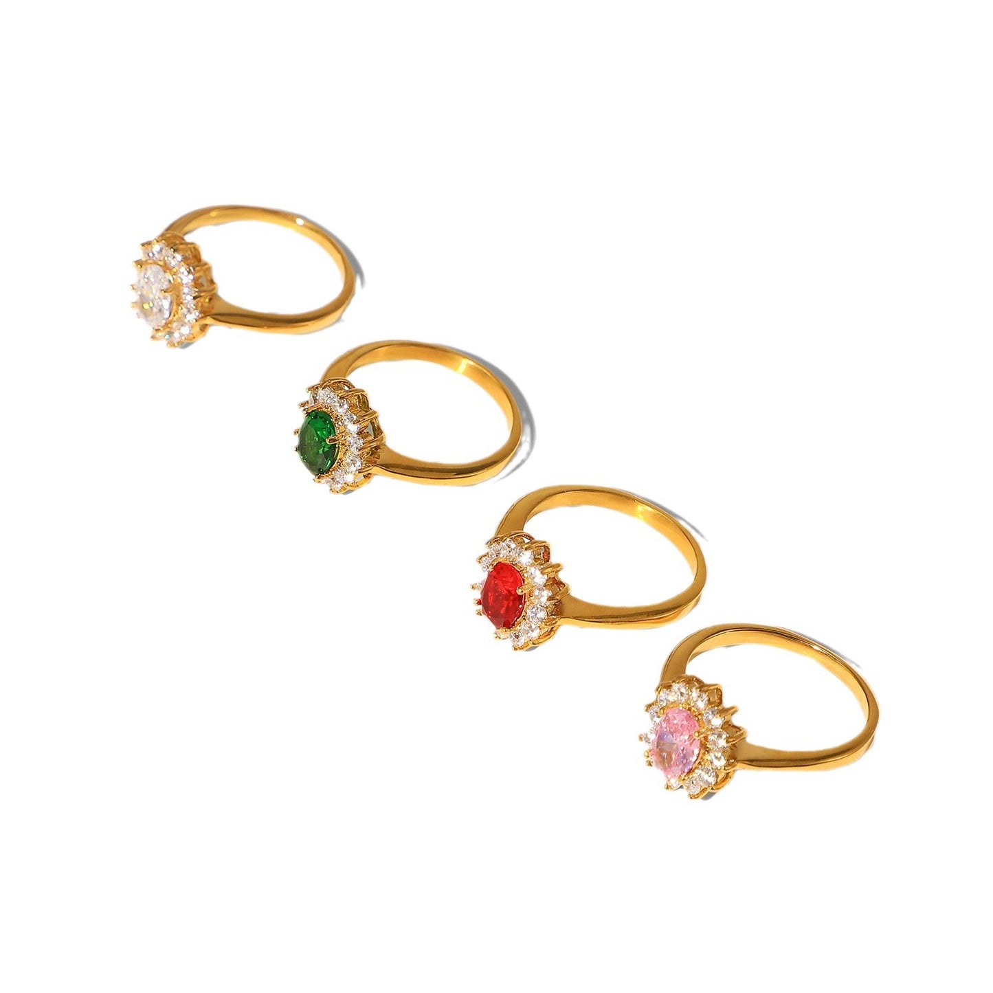 5pcs 18K Gold Plated Double Rough Zircon Ring Stainless Steel Bound Oval Colored Zircon Ring Jewelry Female