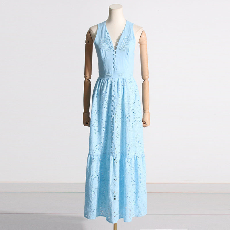 Spring New Fashion Temperament V Neckline Embroidery Waist Slimming Big Swing Dress Solid Color Temperament Long Dress