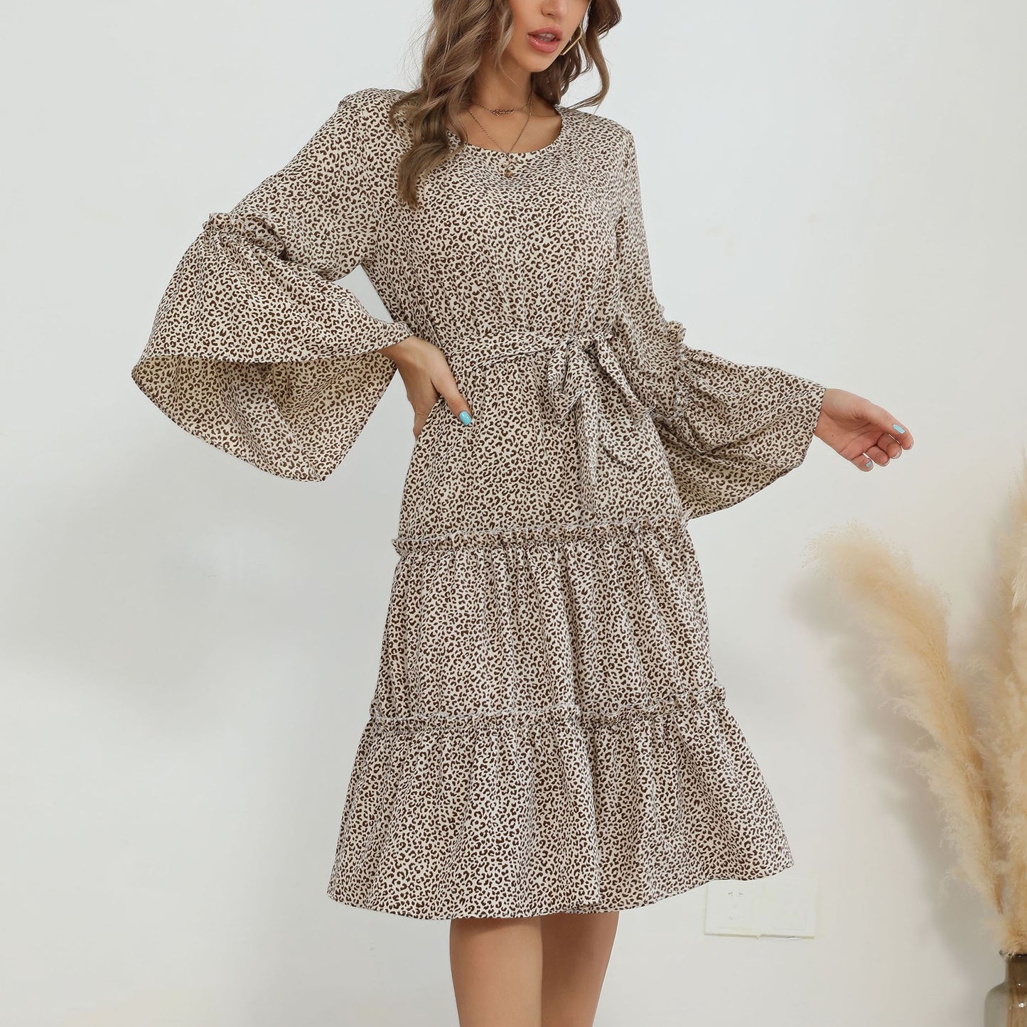 Autumn New Women's Dress Lotus Sleeve Round Neck Leopard Print Dress