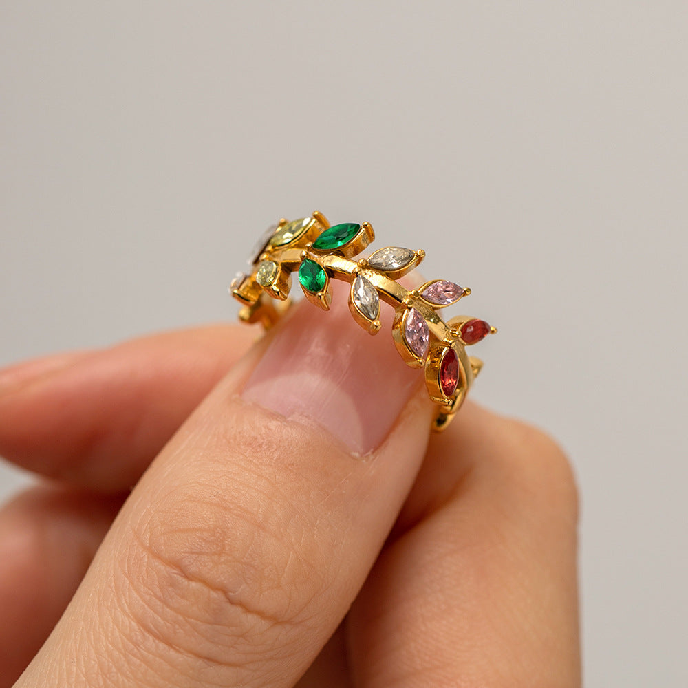 5pcs 18K Gold-Plated Zircon Leaf Opening Ring Women's Fashion All-Match Titanium Steel Ring
