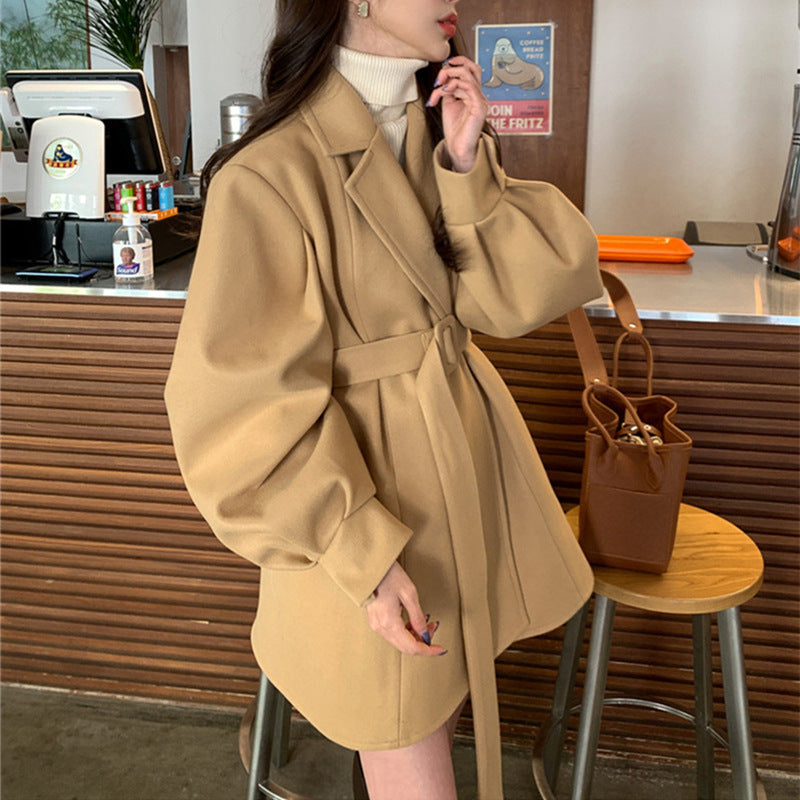 South Korea Chic Autumn And Winter Vintage Suit Collar Loose Belt Waist Collection Thin Clip Cotton Wool Coat Woman