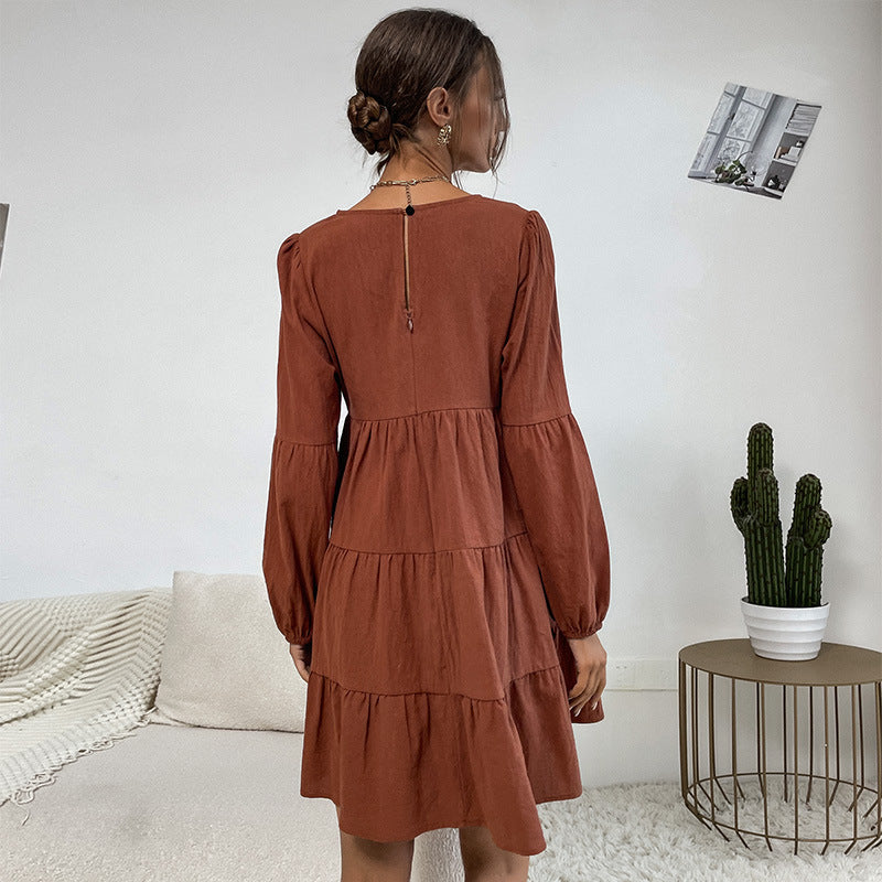 New Women's New Fashion Short Solid Color Long-Sleeved Dress
