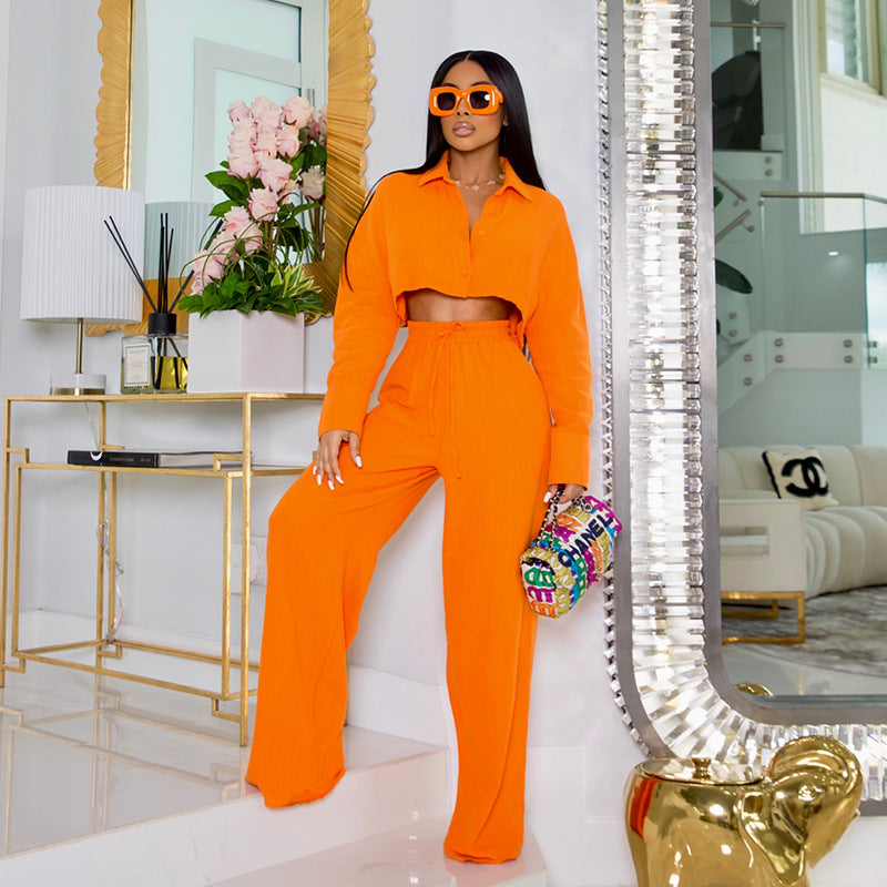Women's New Autumn Simple Solid Color Short Shirt Wide Leg Trousers Leisure Suit