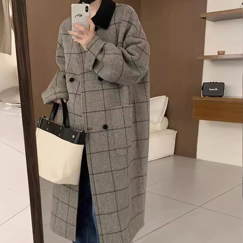 Women's New Mid-Length Vintage Suit Plaid Contrasting Huben-Style Coat