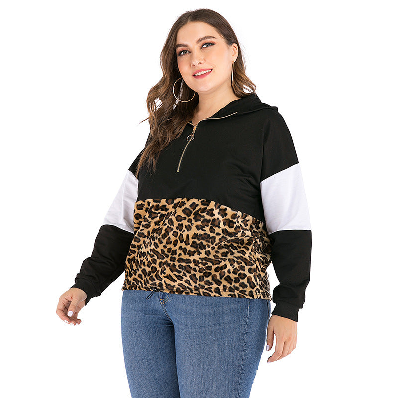 Spliced Plus-Size Plush Leopard Hoodie Women Long Sleeve Thin A Piece Of Hair