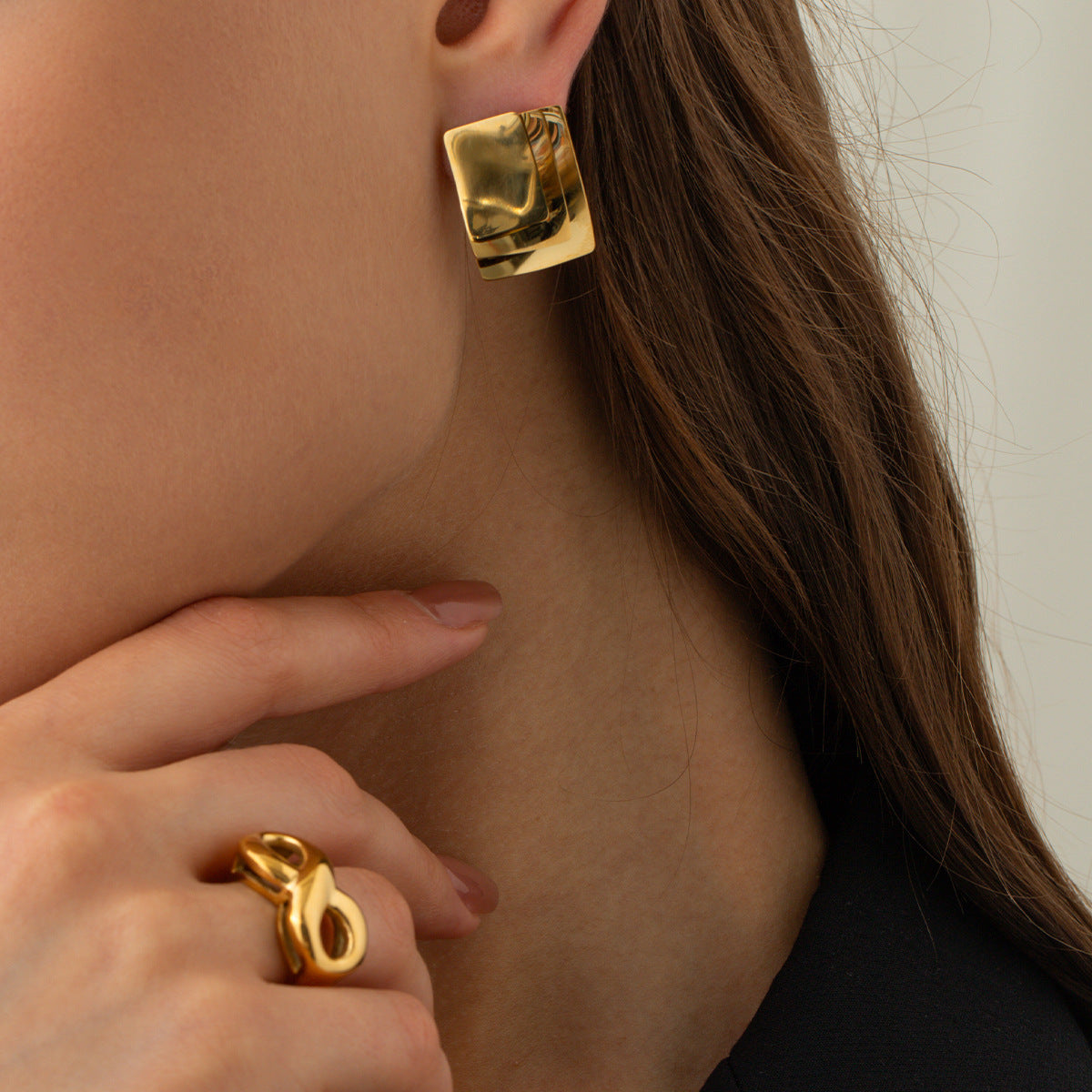 5pcs 16K Gold Stainless Steel Multi-Layer Geometric Earrings Women's Fashion All-In-One Earrings