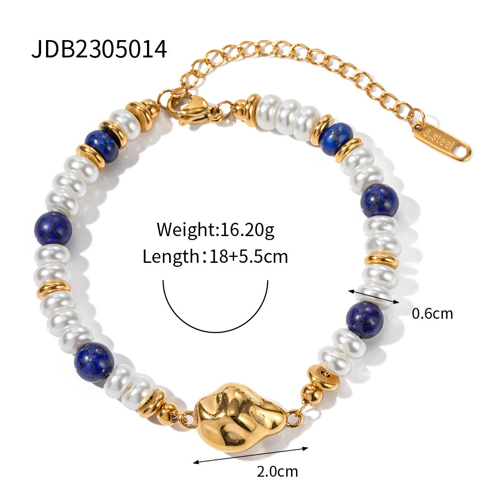 5pcs New Fashion Style 18K Stainless Steel Set Pearl With Lapis Lazuli Drop Bracelet Accessories