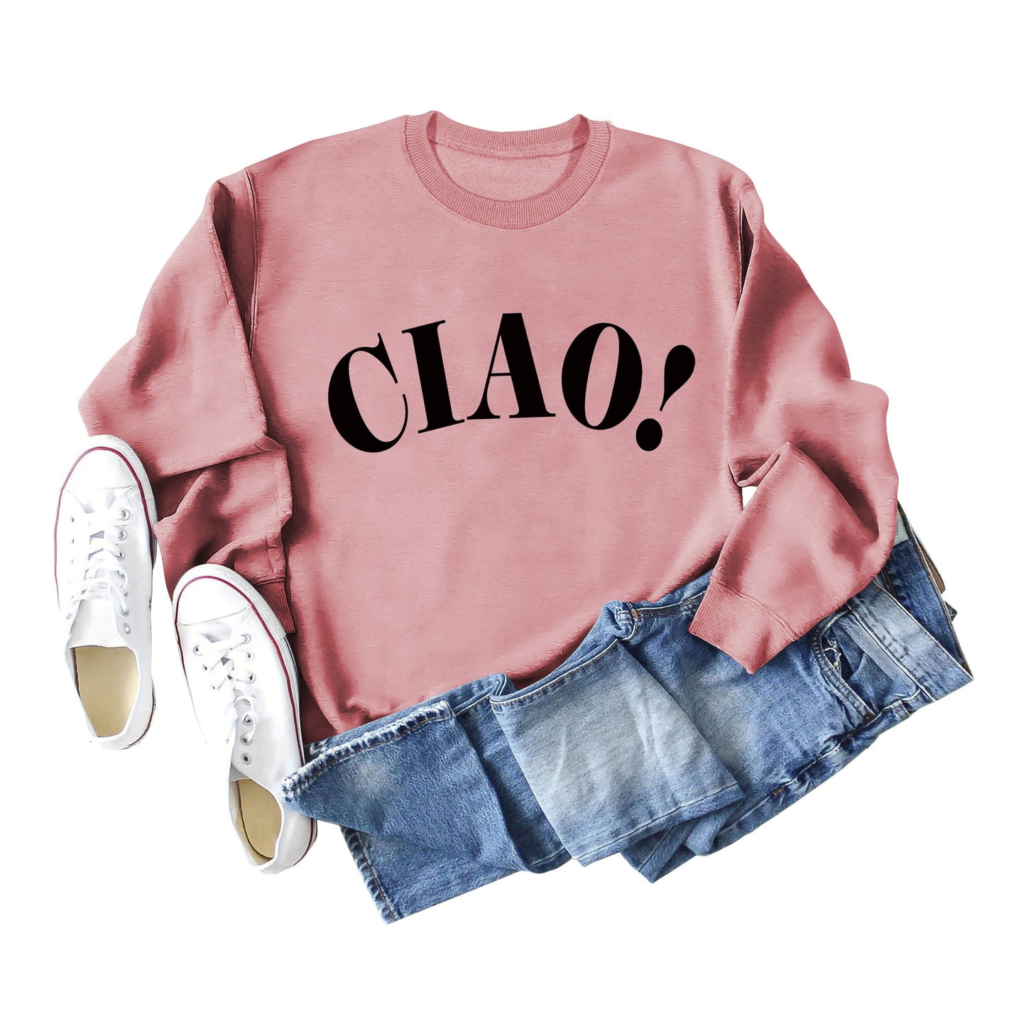 New Long-Sleeved Blouse Ciao Simple Letter Round Neck Sweater Loose Undershirt Women