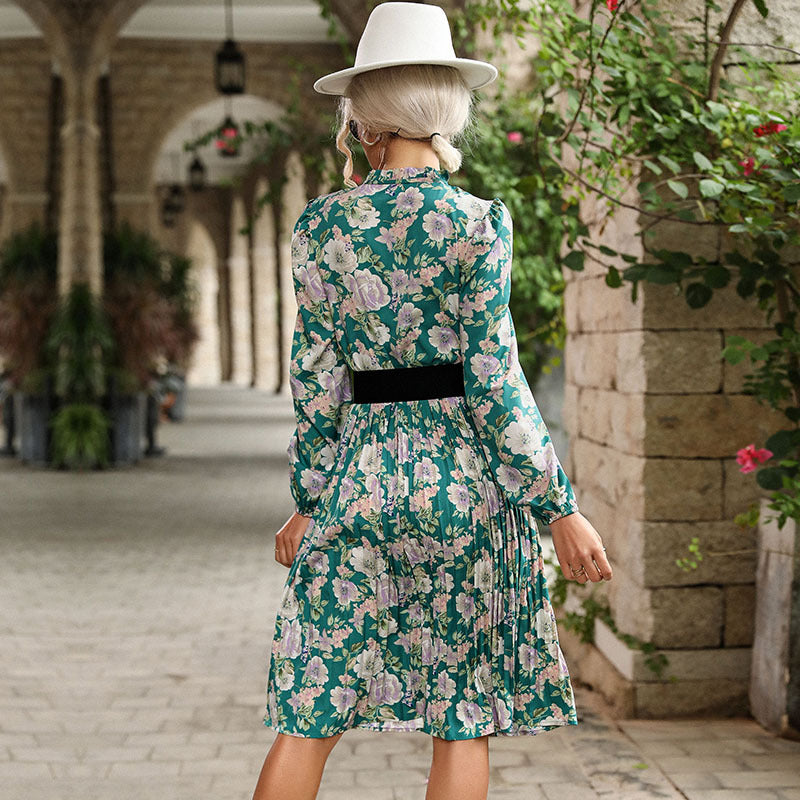 Style Women's Pleated Round Collar Printed Long-Sleeved Vintage Dress