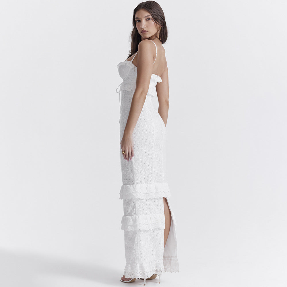 Women's New Sexy Dress White Hook Flower Suspender Long Dress Slim Dress