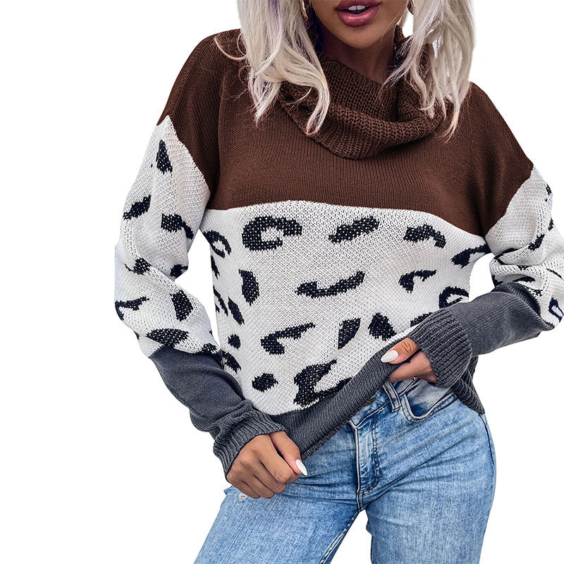Autumn Winter Casual Women's Leopard-Print Color Contrast Long-Sleeved Pullover Sweater Women