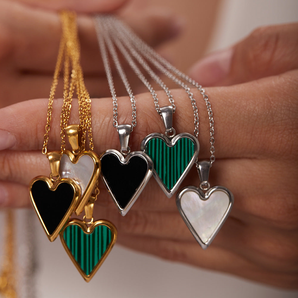 5pcs 18K Gold White Shell/Green Peacock Stone/Black Shell Love Pendant Necklace Titanium Steel Jewelry For Women