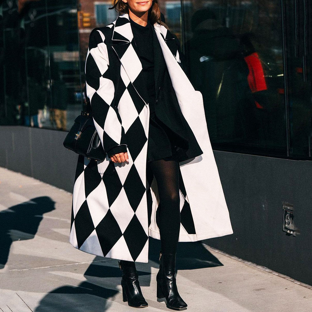 New Autumn Women's Long Sleeve Lapel Coat Printed Wool Long Coat