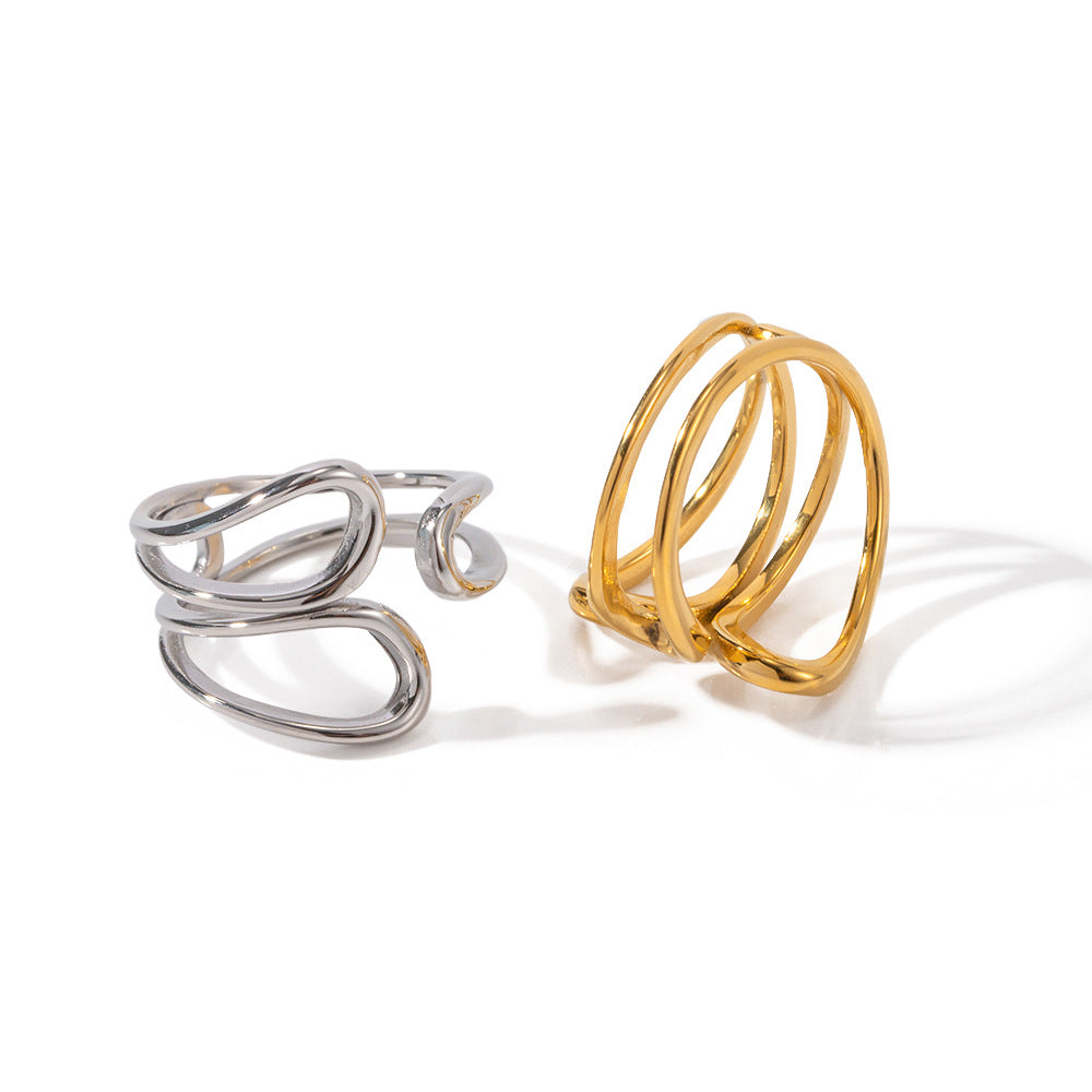 5pcs Niche Design Exaggerated Style 18K Gold Stainless Steel Advanced Staggered Sense Open Ring Does Not Fade Jewelry