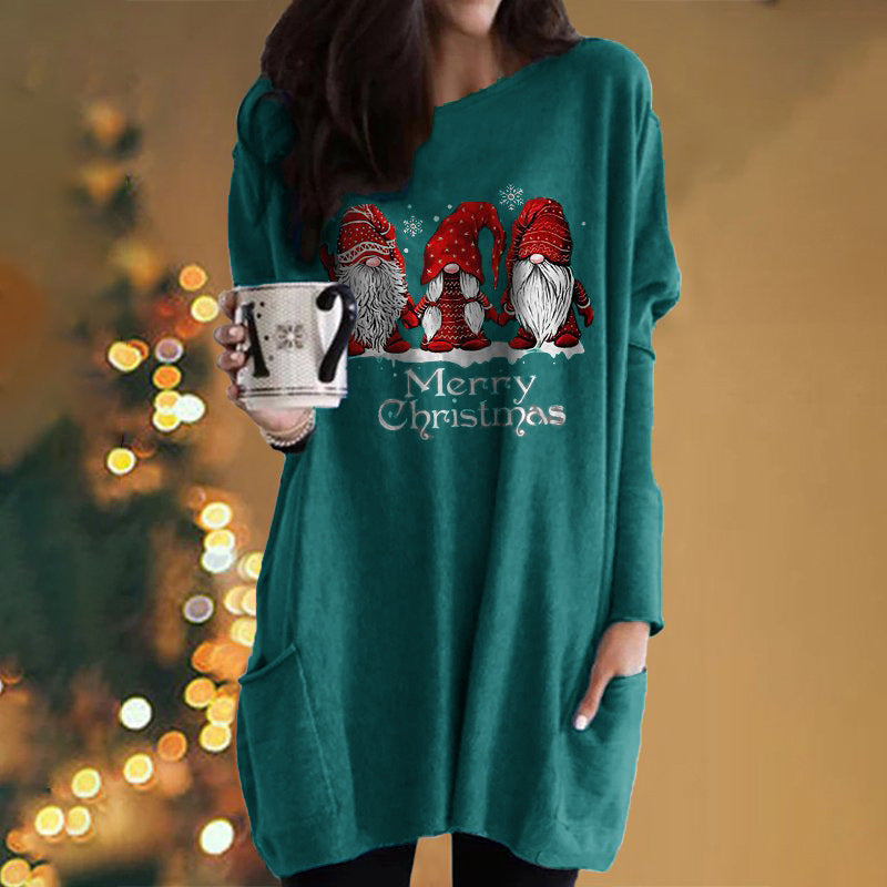Santa Claus Printed Long Sleeve Pocket Round Neck T-Shirt Dress