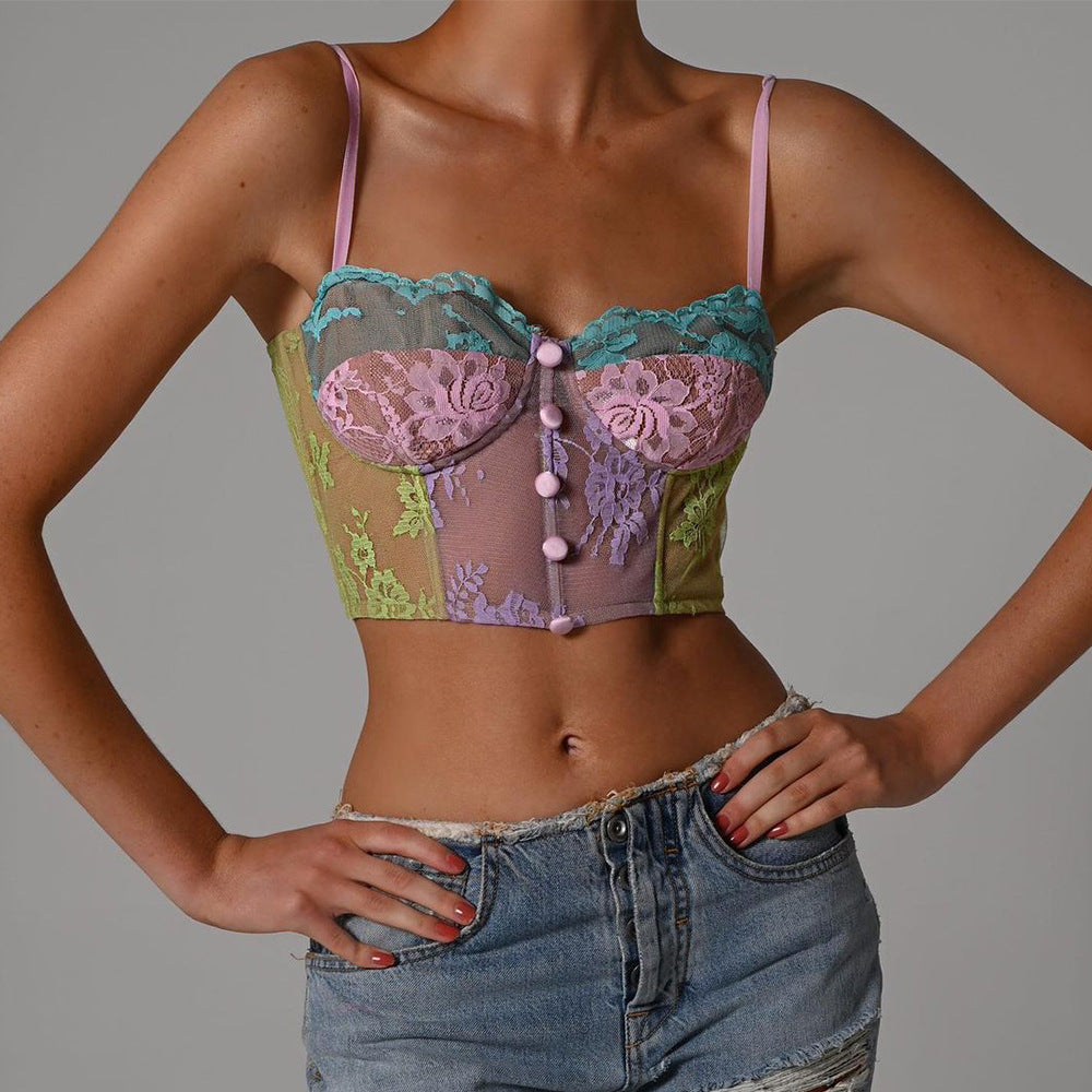 Contrasting Color Perspective Lace Embroidered Fishbone Wrapped Chest Irregular Halter Vest Party Top Woman