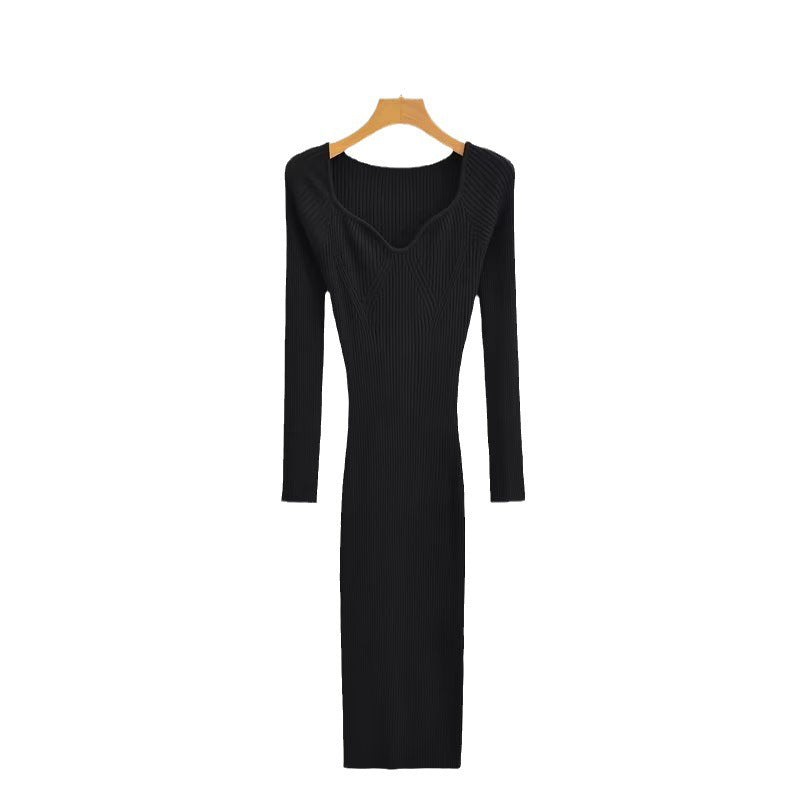 New V-Neck Slim-Fit Knit Dress For Women In Autumn And Winter With A Mid-Length Long-Sleeved Tight Bottom Wrap Hip Skirt