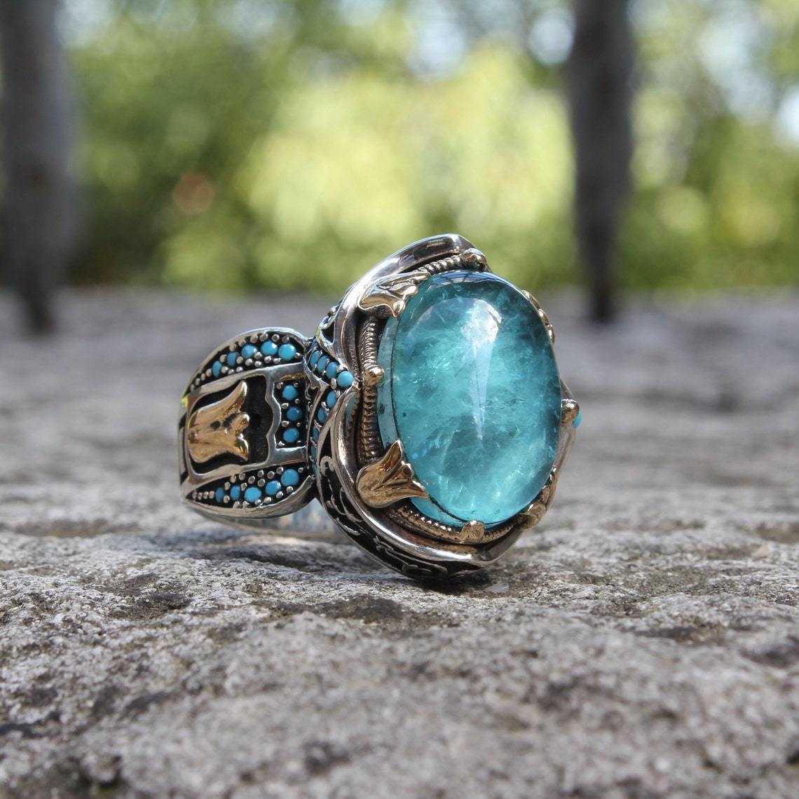 Carved Blue Gemstone Ring Two-Color Vintage Gemstone Wedding Ring
