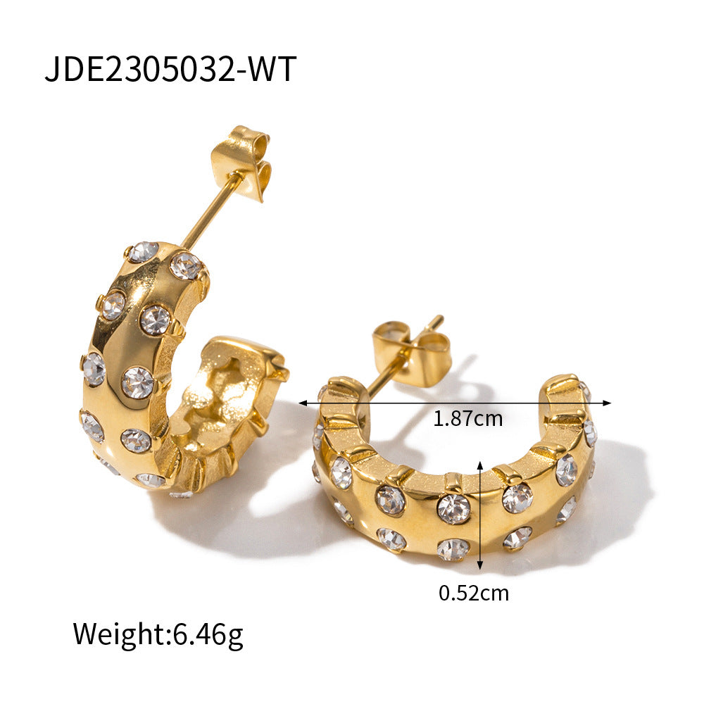 5pcs 16K Gold-Plated Stainless Steel Inlaid Zircon C-Shaped Earrings Do Not Fade Polished Earrings Women Fashion Accessories