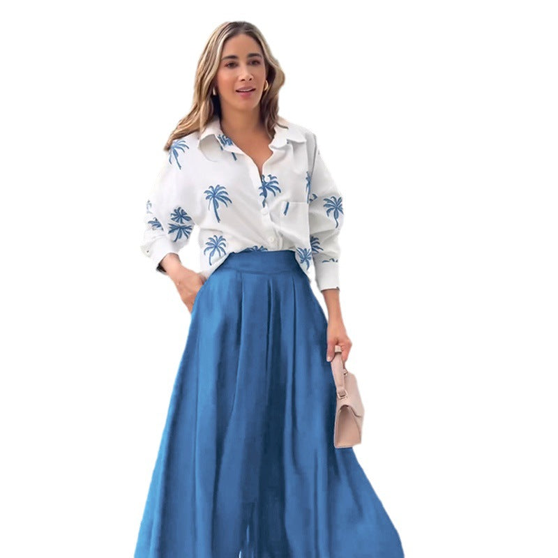 Autumn And Winter New Lapel Print Top Wide Leg Pants Fashion Suit Woman