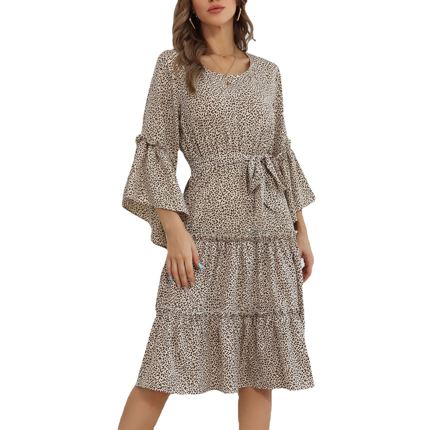 Autumn New Women's Dress Lotus Sleeve Round Neck Leopard Print Dress