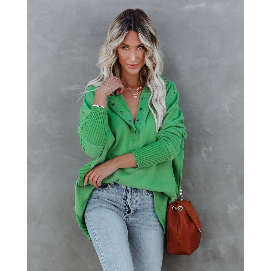 Autumn And Winter New V-Neck Hooded Multi-Color Bat Sleeve Hoodie Loose Thread Stitching Top Woman