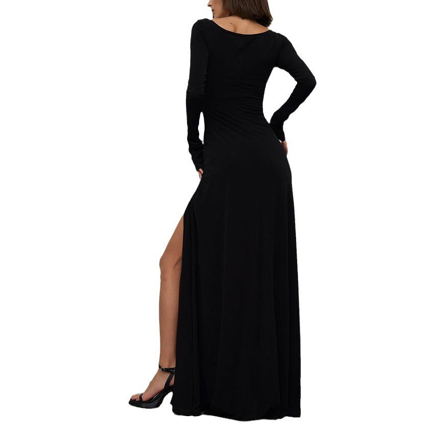 Black Woolen Knit Sexy Split Evening Dress New Fall Banquet Dress