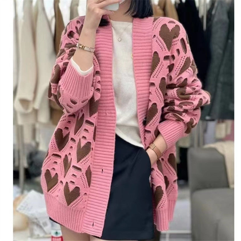 Wind Sweater Female Autumn And Winter New Loose And Lazy Wind Love Version Of Combination Color Hollow-Out Sweater Female Blouse