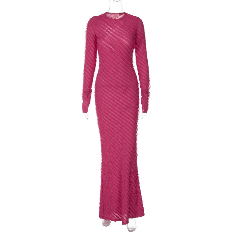 Solid Color Simple Temperament Long Dress Slim Round Neck Long Sleeve Dress Waist Slimming Bag Hip Large Size Elastic Base Skirt