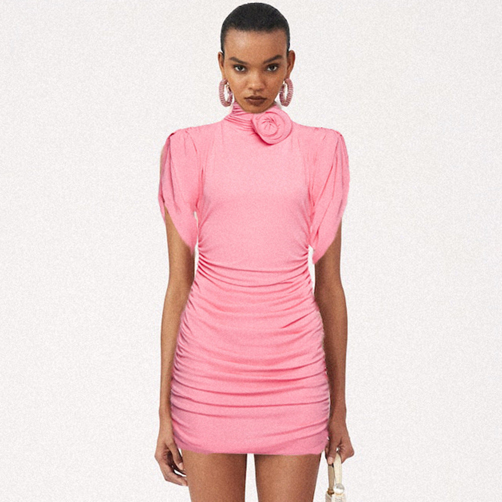 Summer New Pink Black Three-Dimensional Disk Flower High Neck Retraction Skirt Women's Dress Package Hip Skirt