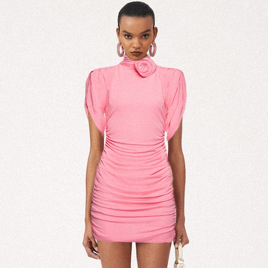 Summer New Pink Black Three-Dimensional Disk Flower High Neck Retraction Skirt Women's Dress Package Hip Skirt