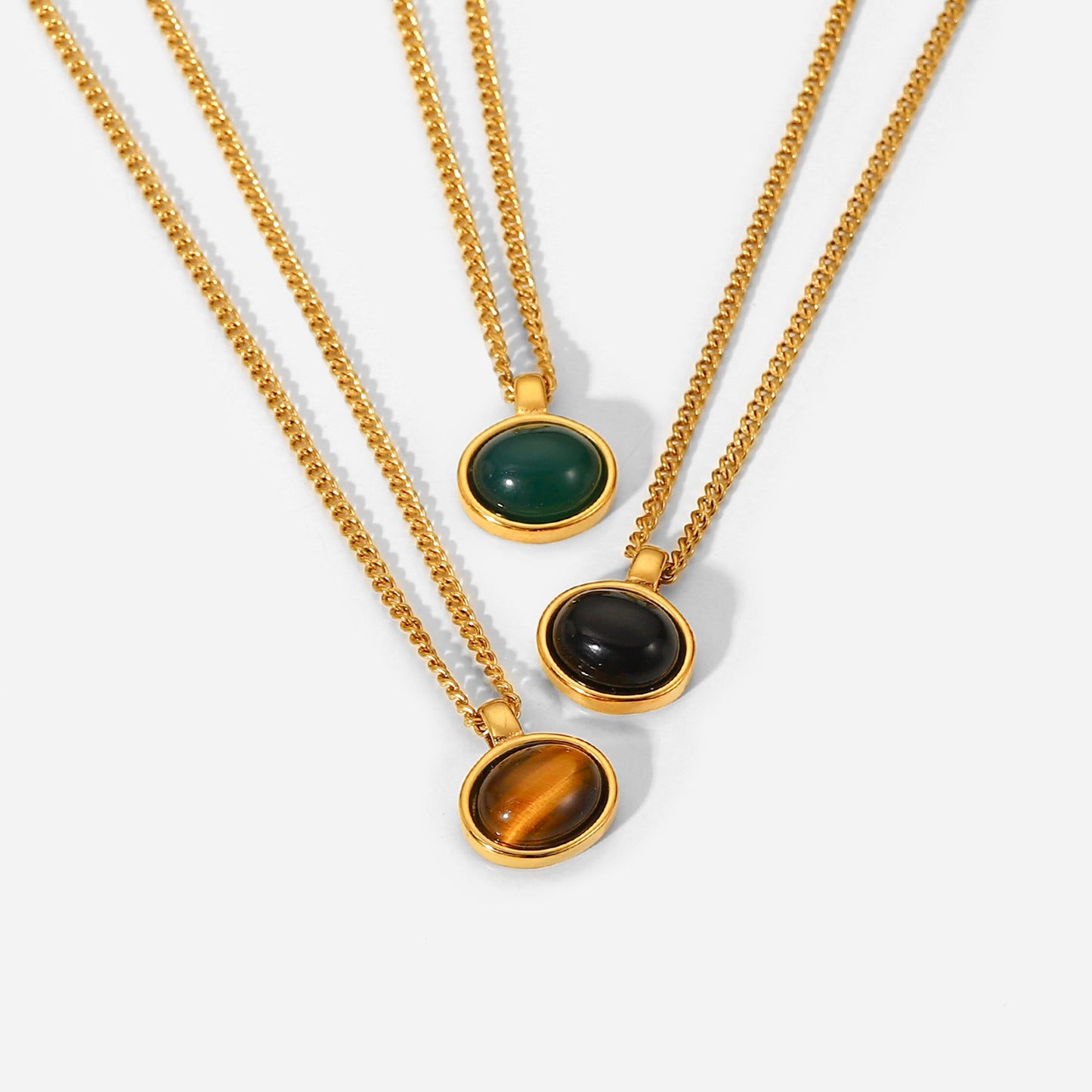 5pcs Style Retro Oval Natural Stone Pendant Necklace 18K Gold Plated Stainless Steel Chain Collar