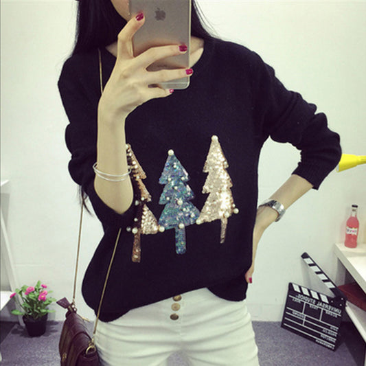 Autumn And Winter New Version Sequin Christmas Sweater Boutique Women's Knitwear Long Sleeve Base Shirt East Gate Female