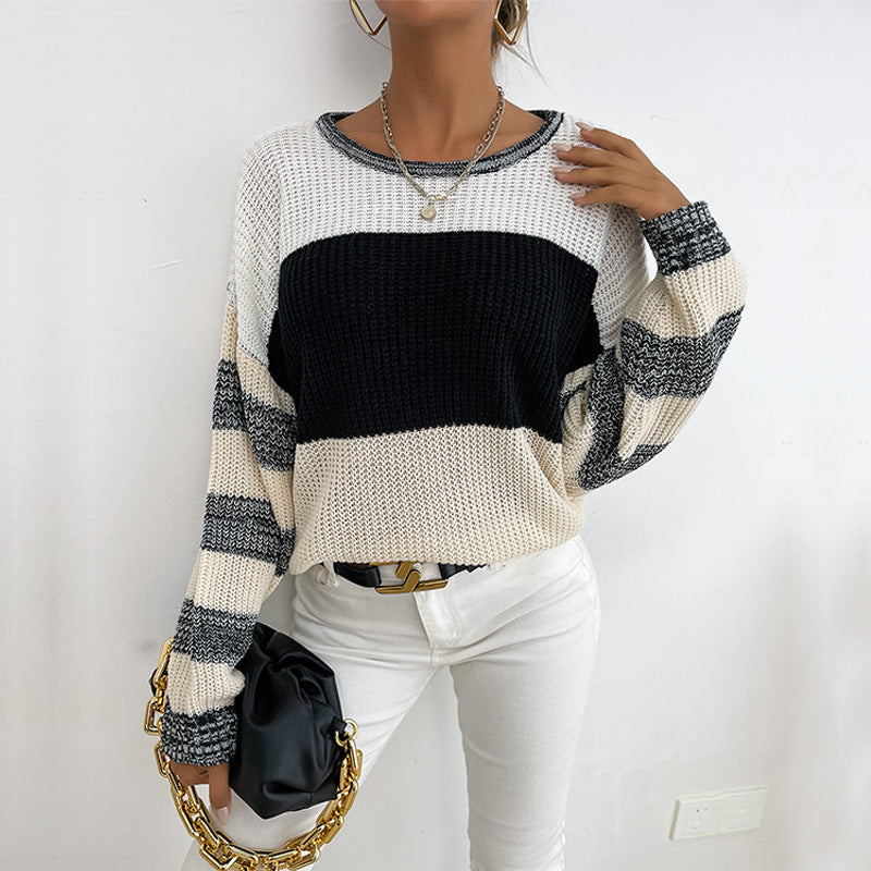 Autumn New Women's Thin Pullover Round Neck Black And White Color Sweater