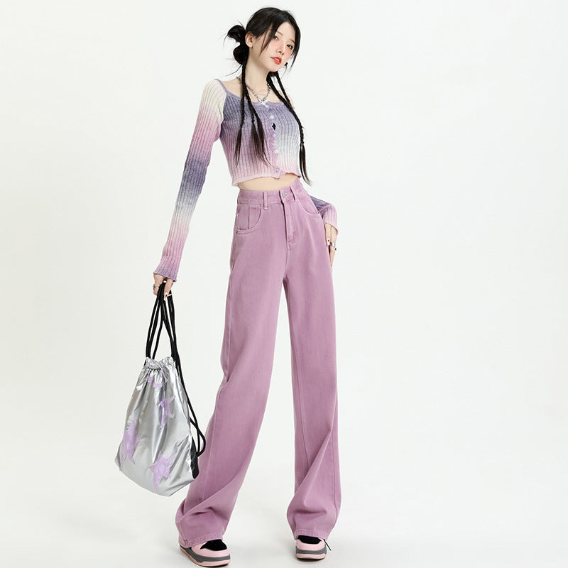 Purple Wide Leg Jeans Women's Autumn Loose Slim High Waisted Wide Leg Pants Women's Autumn And Winter Jeans Floor Length Pants Straight Leg Pants