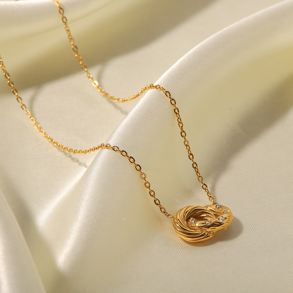 5pcs 18K Gold-Plated Stainless Steel Double Ring Inlaid White Diamond Pendant Necklace Women's Fashion All-Match Titanium Steel Necklace Jewelry