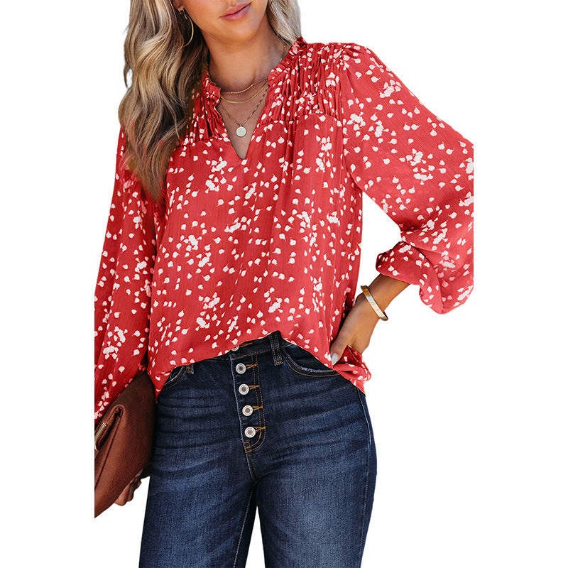 Shiying Yellow Romantic Print Crepe Chiffon Shirt Women's V-Neck Pullover Top
