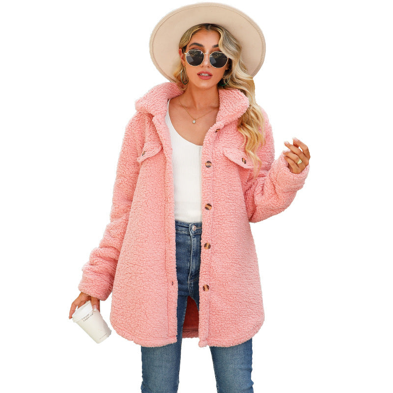 Glitter Casual Autumn Women's Lapel Long Sleeve Loose Breasted False Mouth With No-Iron Long Bubble Fleece Coat