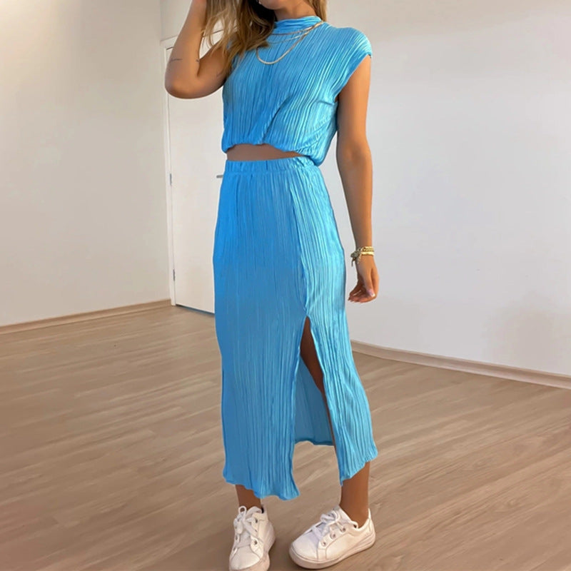 Women's Pleated Half High Neck Short Shirt High Waist Slit Mid-Length Skirt Two-Piece Set