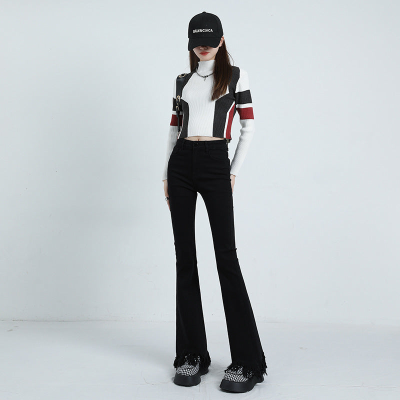 Spring And Autumn New Retro Fringe High Waist Micro Flared Jeans Women Slim Slim Stretch Raw Edge Mop Pants